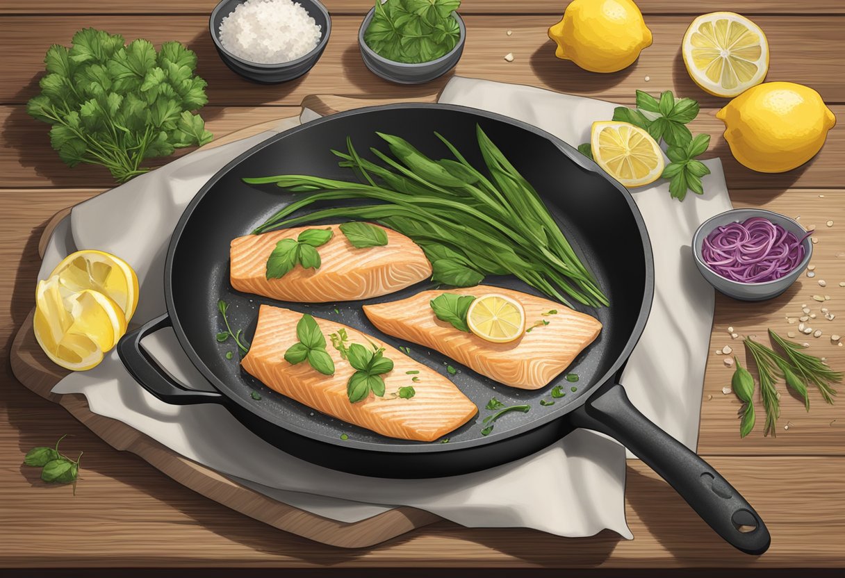A frying pan sizzles with seasoned pangasius fish fillets. Beside it, a cutting board displays fresh herbs and lemon slices