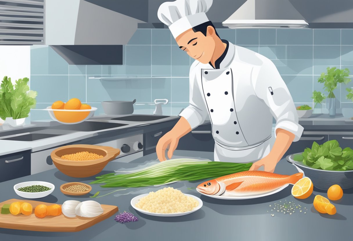 A chef preparing a delicious pangasius fish dish with various ingredients and seasonings on a clean and organized kitchen counter