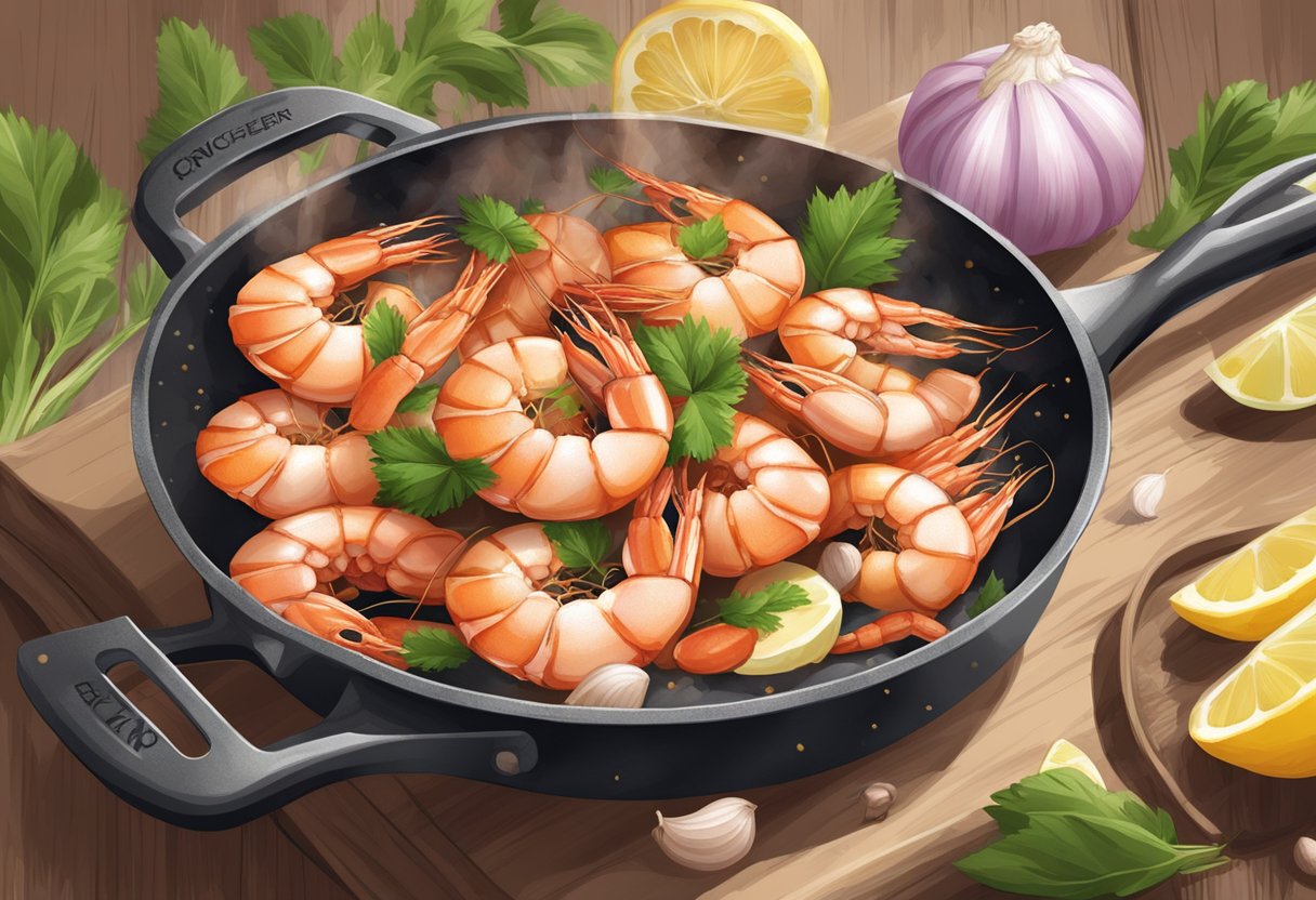Fresh prawns sizzle in a hot pan with garlic, ginger, and spices. The aroma fills the air as they turn pink and crispy