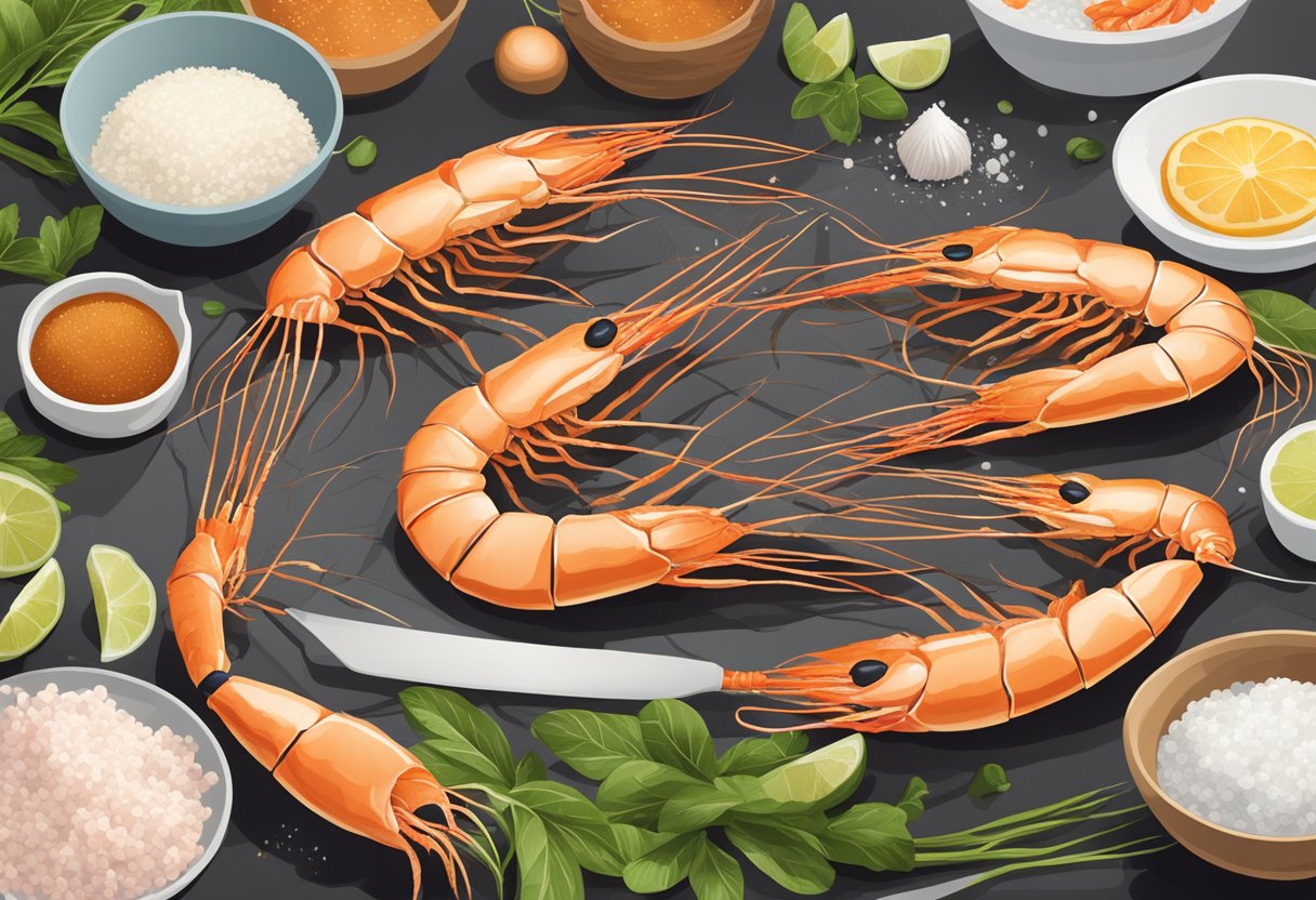 Vannamei prawns being cleaned and deveined, with ingredients and utensils laid out for a recipe