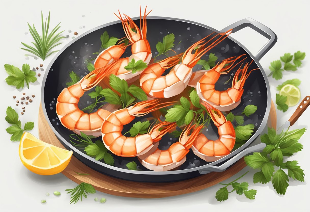 Prawns sizzle in hot oil, seasoned with spices. A chef's spatula flips them in a sizzling pan. The prawns are plated and garnished with fresh herbs
