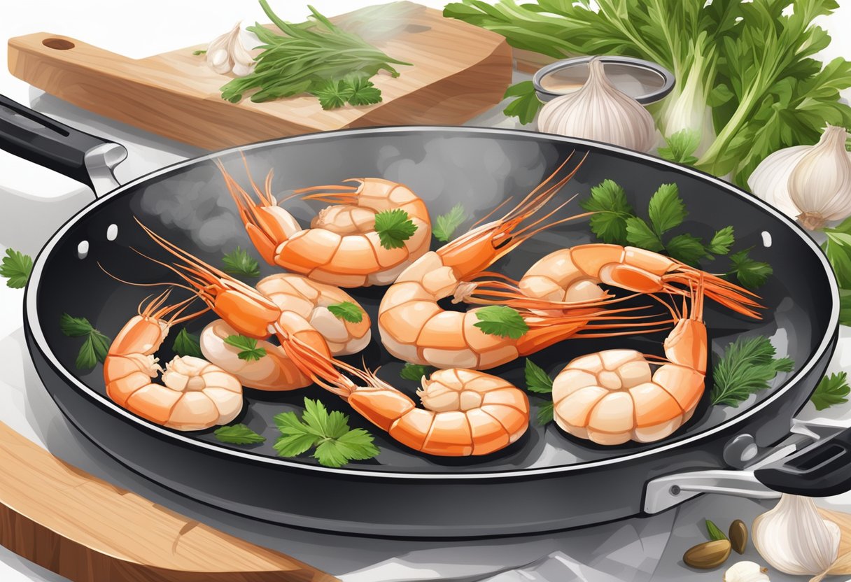 Prawns sizzling in a hot pan with garlic, butter, and herbs. A chef's knife and cutting board with fresh ingredients in the background