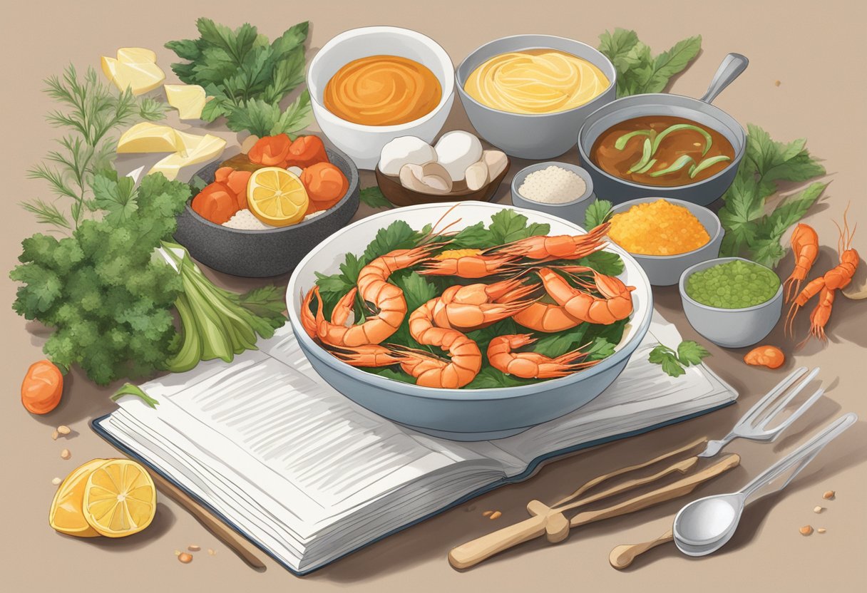 A bowl of fresh vannamei prawns surrounded by ingredients and utensils, with a recipe book open to the "Frequently Asked Questions" page