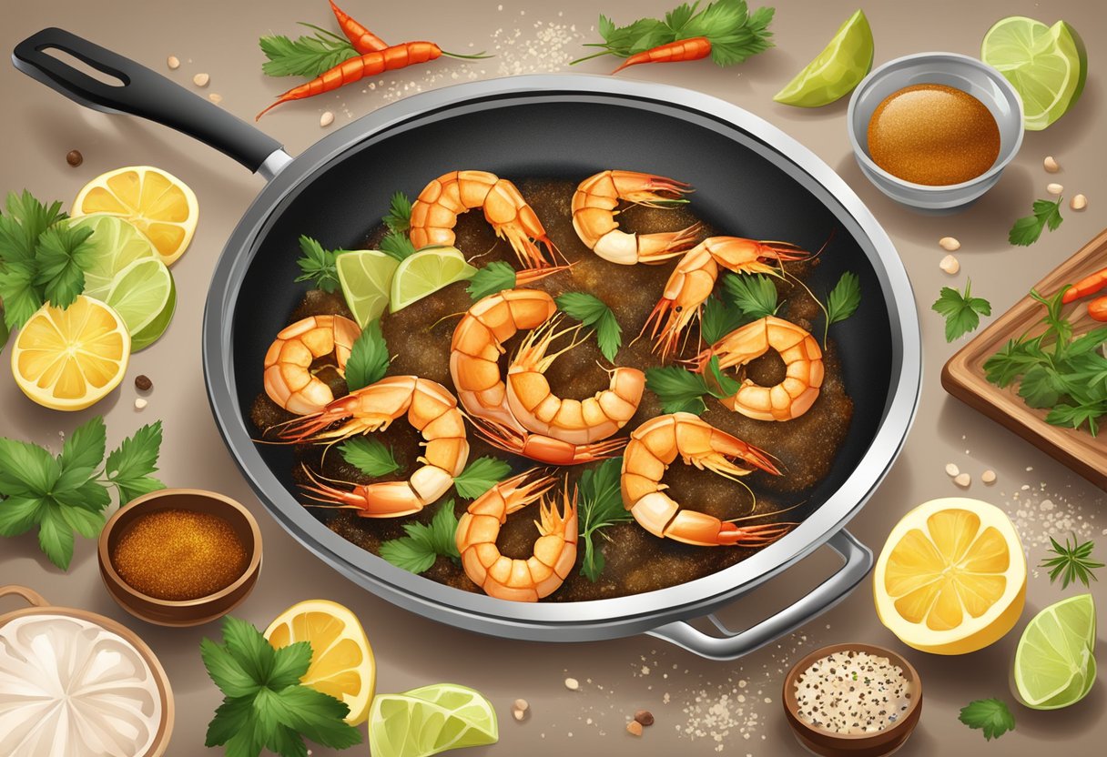 A sizzling pan with golden-brown prawns, surrounded by aromatic spices and herbs, ready to be served as a delicious prawn fry dish