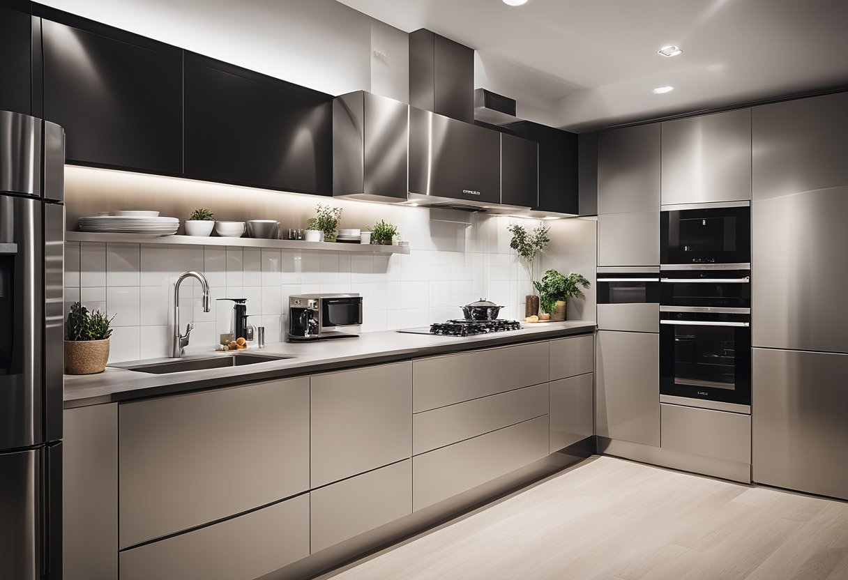 A small one-wall kitchen with sleek, modern design elements. Minimalist aesthetic, with clean lines and neutral color palette. Stainless steel appliances and a compact layout maximize space
