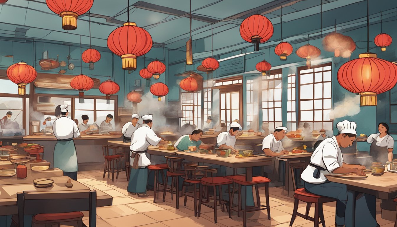 Busy restaurant with red lanterns, round tables, and steaming plates of dumplings. A chef woks in the open kitchen while customers chat and laugh