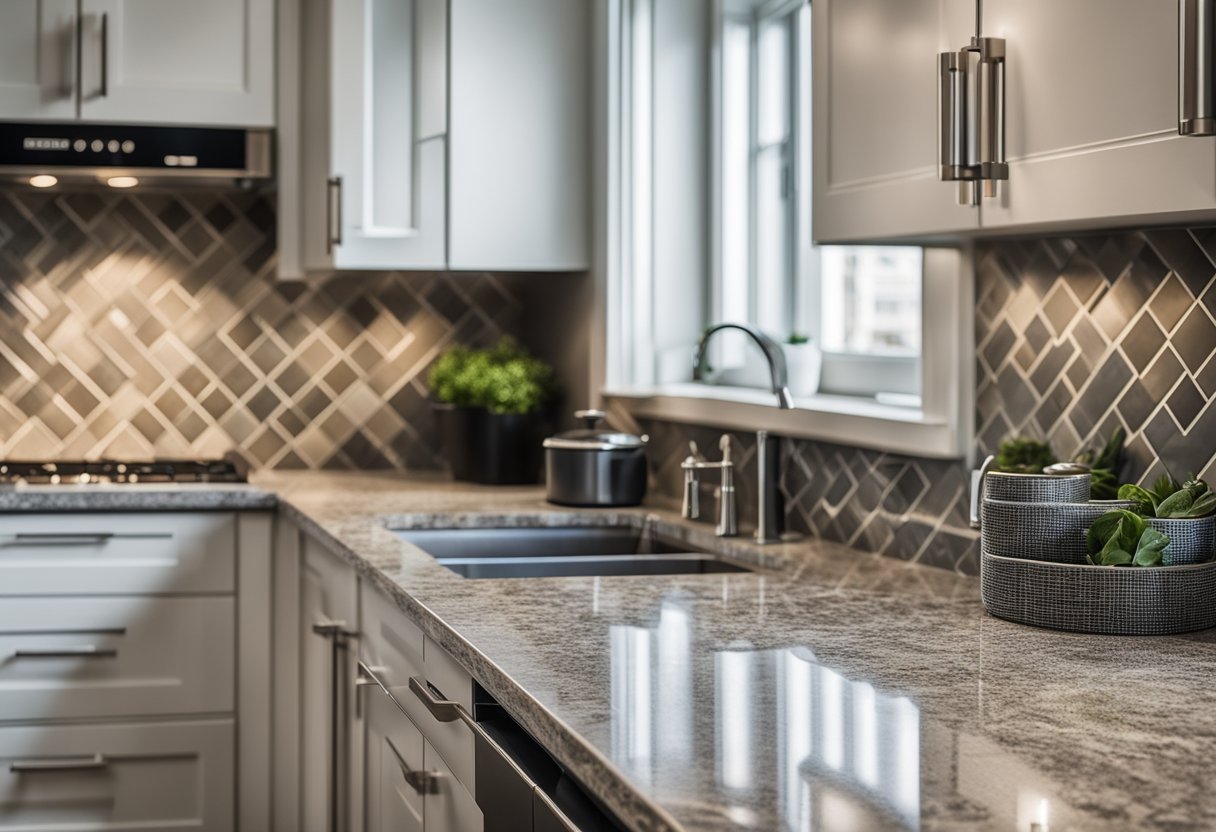 A kitchen with granite tile countertops and backsplash, featuring a variety of FAQ cards and a sleek, modern design