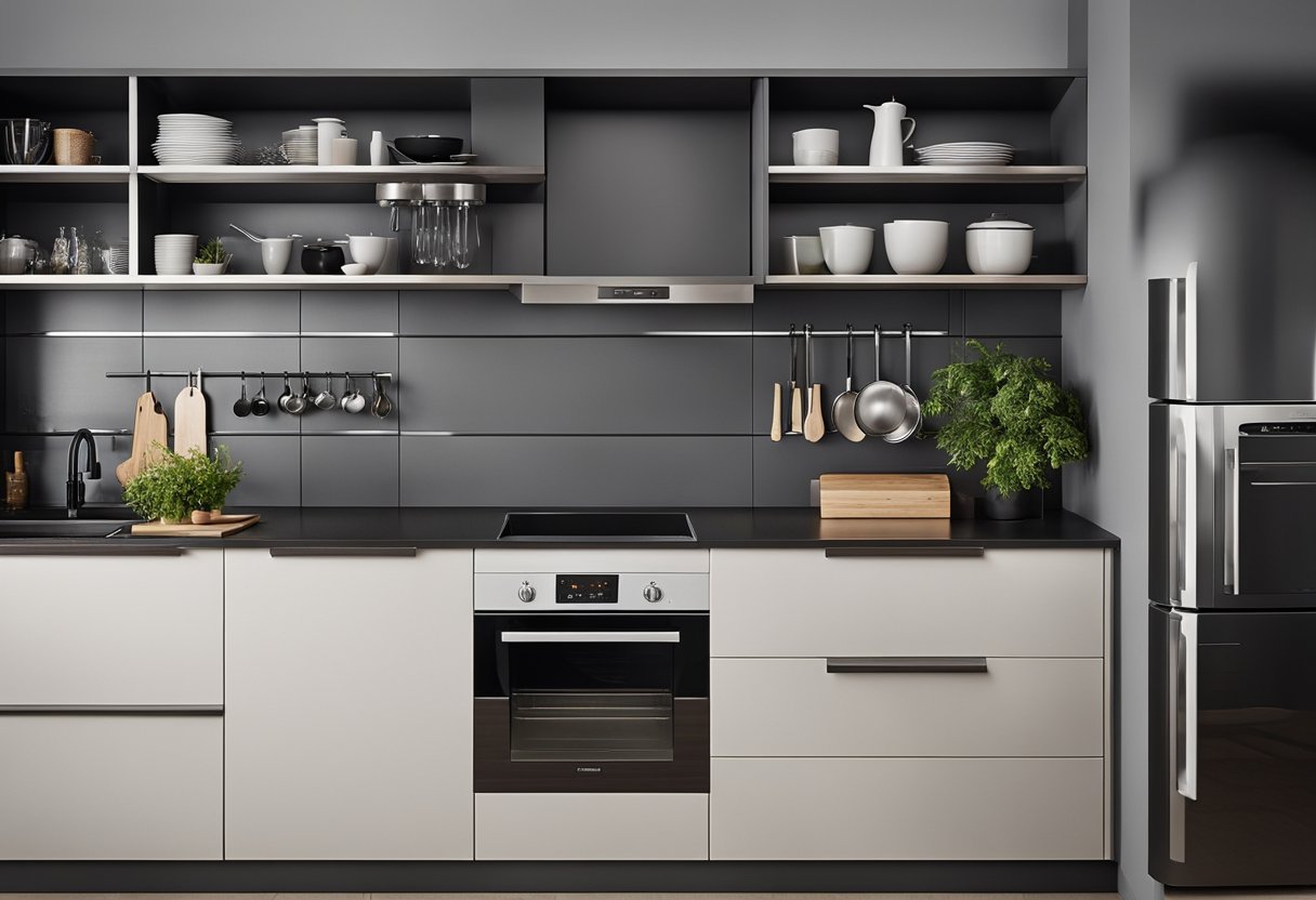 A small one-wall kitchen with minimalistic design, featuring clever storage solutions and efficient use of space