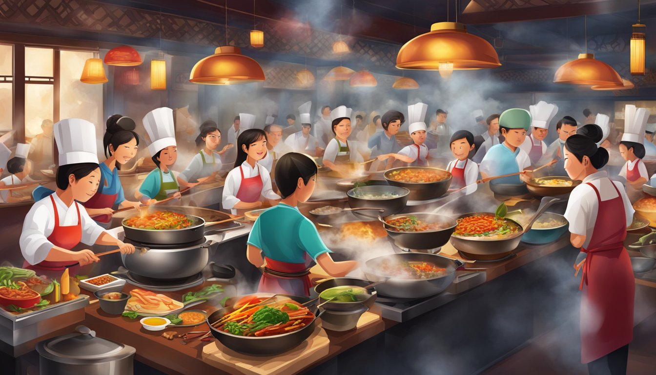 A bustling Chinese restaurant with steaming woks and sizzling grills, showcasing colorful dishes and aromatic spices