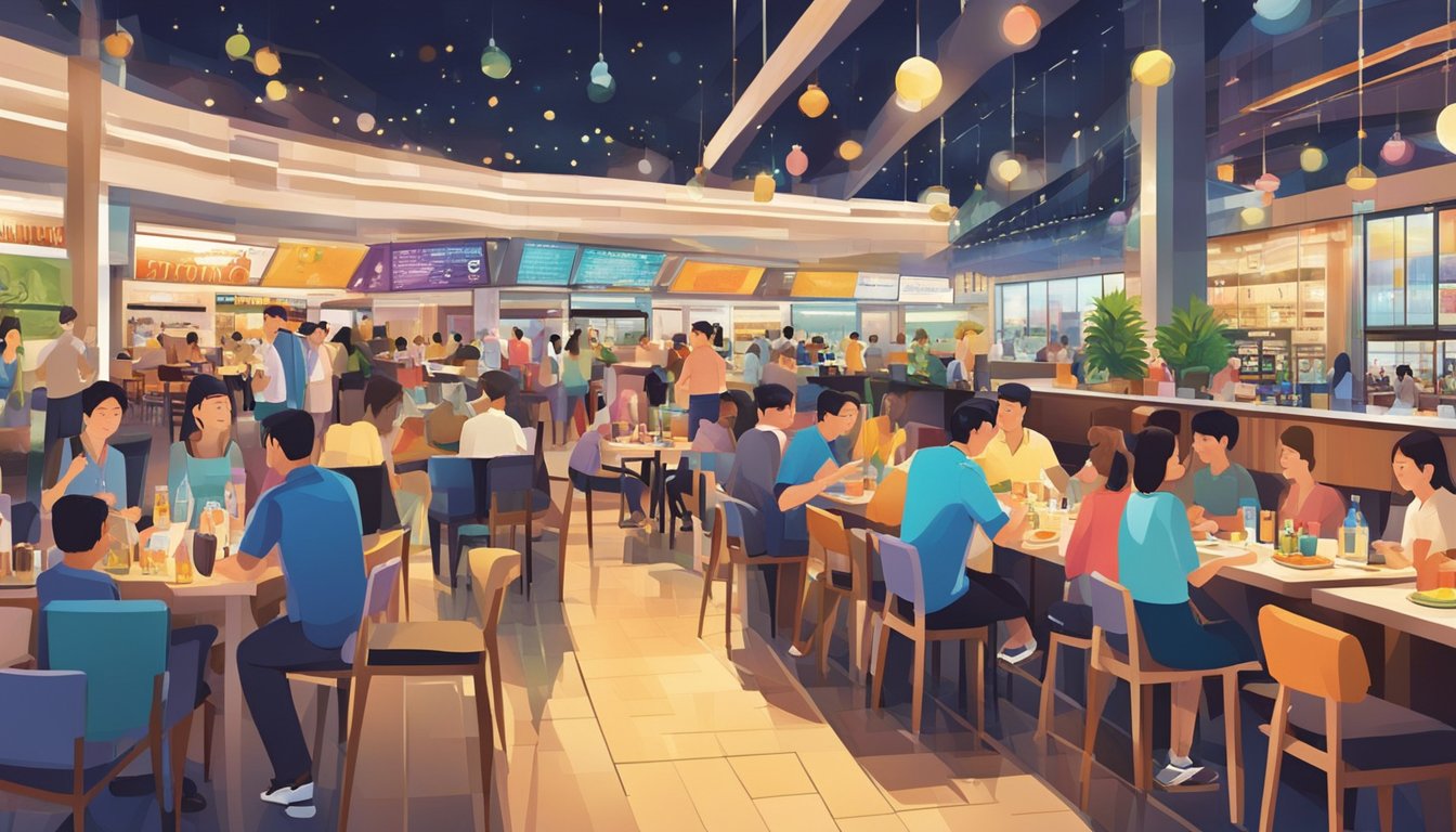People enjoying shopping and dining at Changi City Point restaurant in Changi Business Park. Bright lights, colorful storefronts, and bustling activity create a lively atmosphere