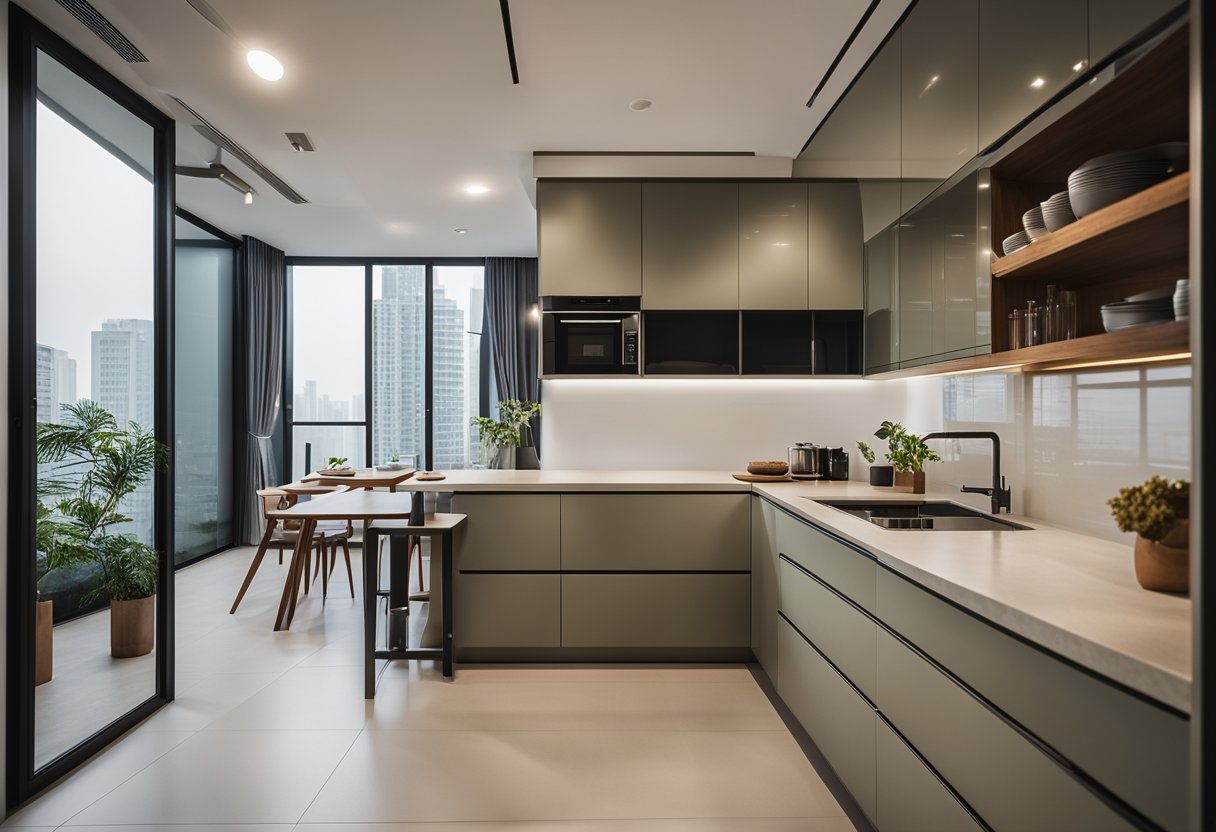 A modern HDB wet and dry kitchen with sleek, minimalist design and a cohesive color palette