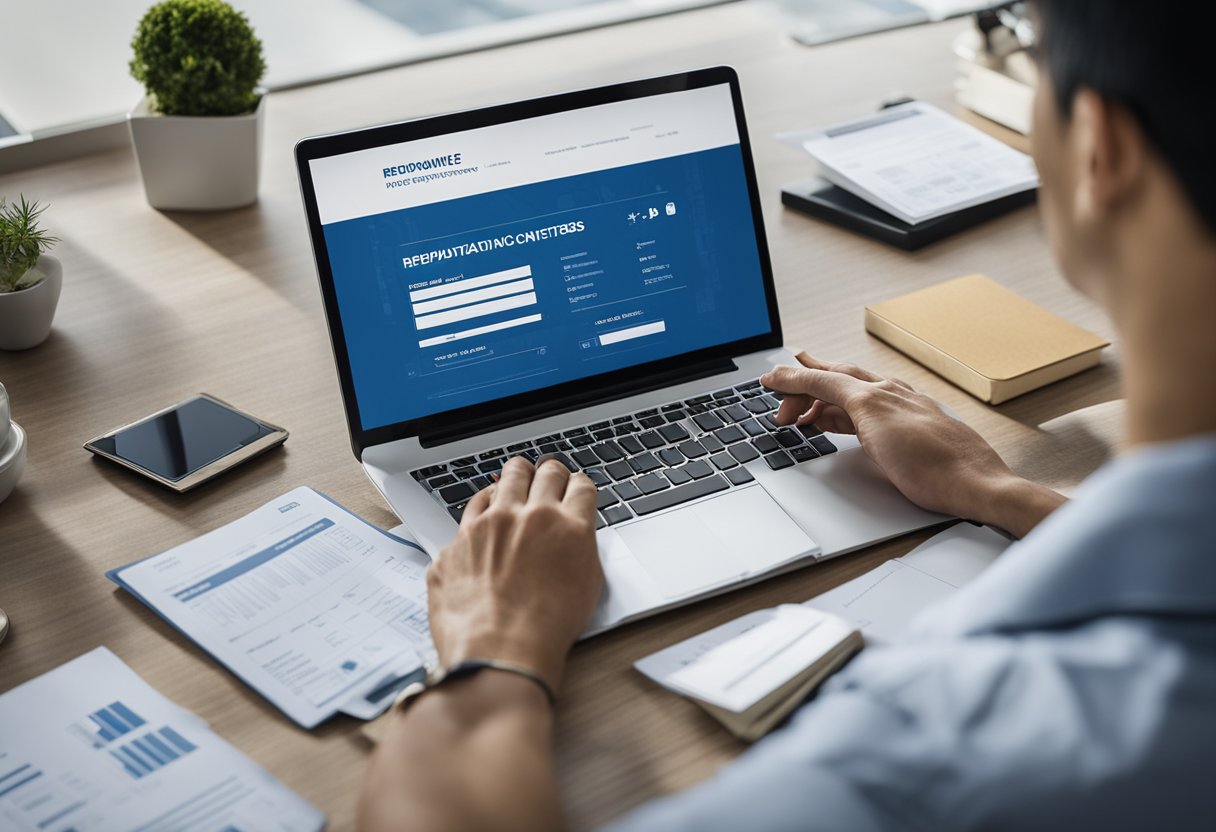 A homeowner holds a checklist of reputable renovation contractors in Singapore, while a laptop displays reviews and ratings. Blueprints and samples are spread out on a table