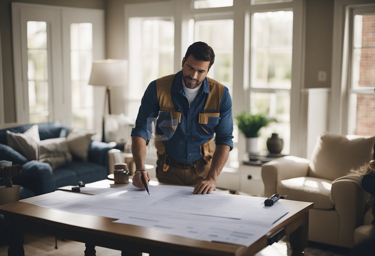 A contractor surveys a home, discussing plans with the owner. Tools and blueprints are scattered across the table