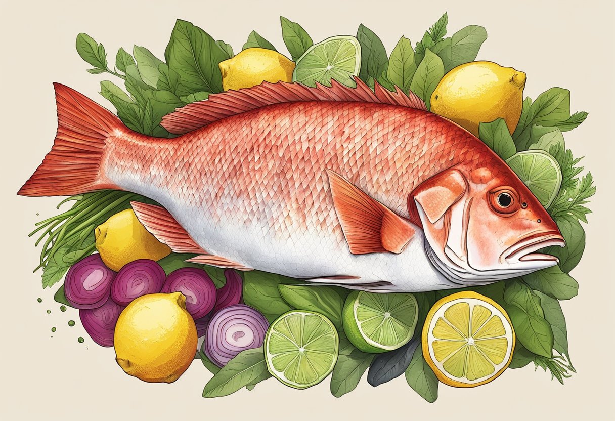 A whole red snapper fish lying on a bed of colorful vegetables and herbs, surrounded by lemons and limes, ready to be seasoned and cooked