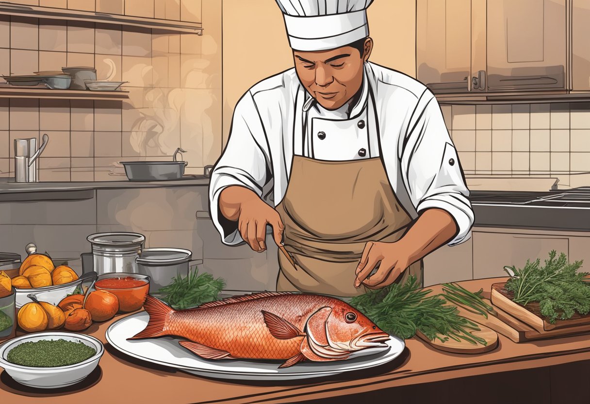 A chef seasoning a whole red snapper with herbs and spices before placing it on a grill