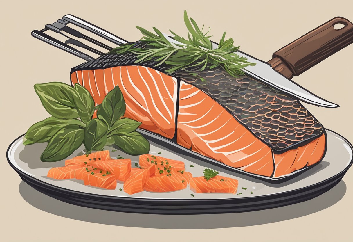 A chef seasons a fresh salmon fillet with herbs and spices before placing it on a grill over hot coals