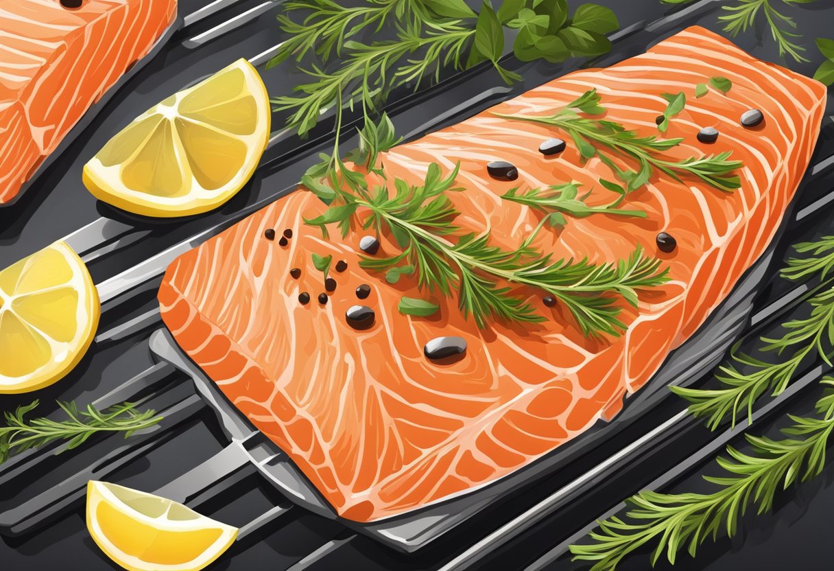 Salmon fillet sizzling on a hot grill, surrounded by aromatic herbs and lemon slices