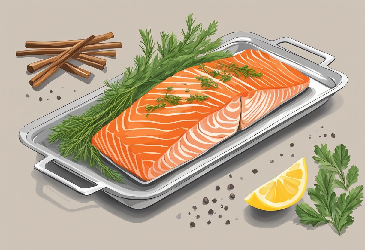 A salmon fillet being seasoned with herbs and spices, placed on a baking sheet, and then being baked in the oven