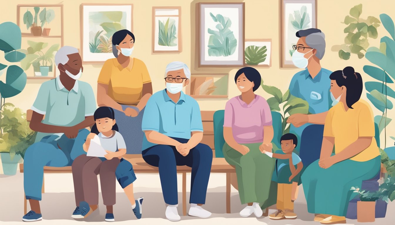 A diverse group of people in Singapore receive support and assistance through the ComCare program. The community is depicted in various settings, showcasing the impact of the program on individuals and families