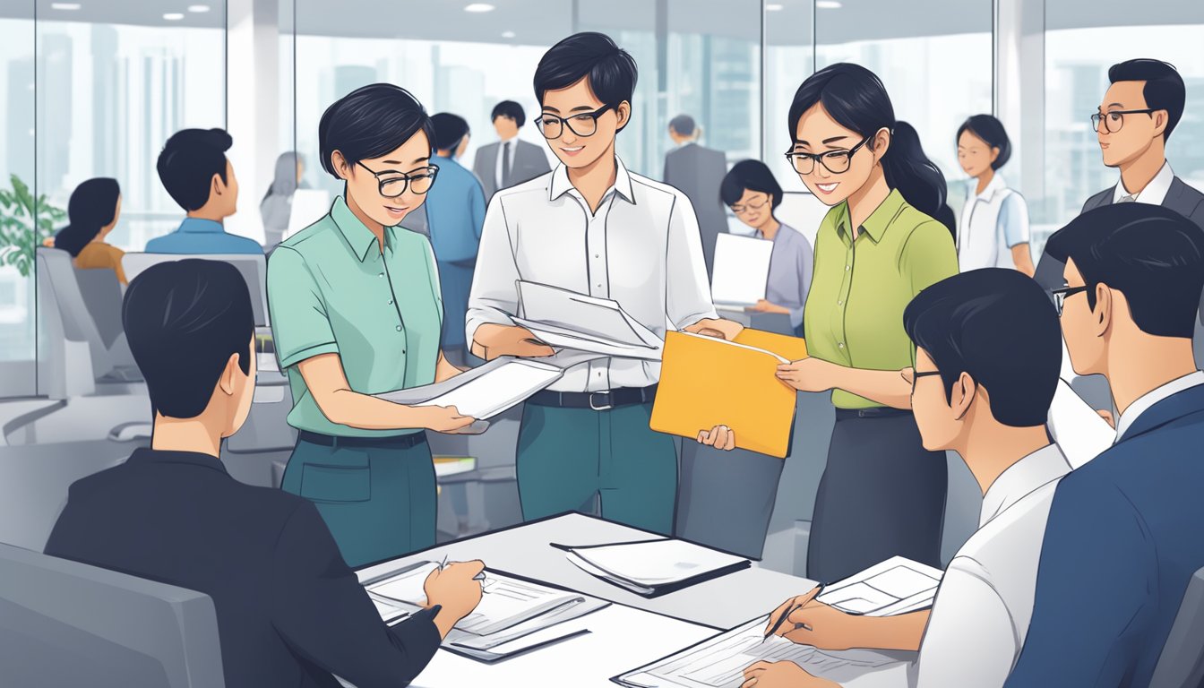 A group of people submitting documents at a ComCare Singapore office, with staff assisting and guiding them through the application process