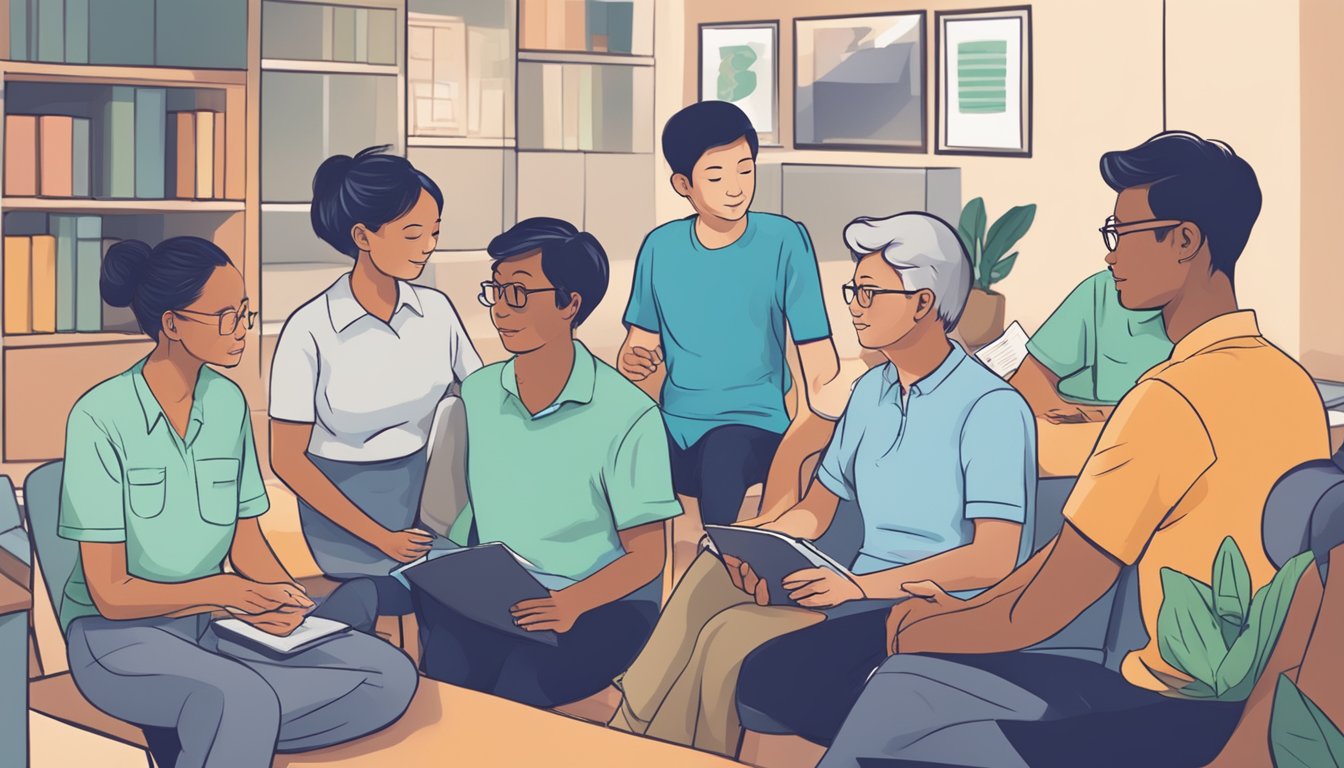 A group of people engaging in various support services and programs provided by ComCare Singapore, including counseling, financial assistance, and community outreach