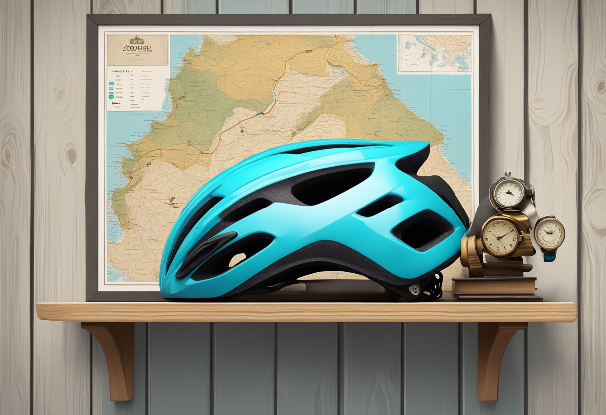 A classic road bike helmet sits on a wooden shelf, surrounded by vintage cycling gear and a map of scenic routes