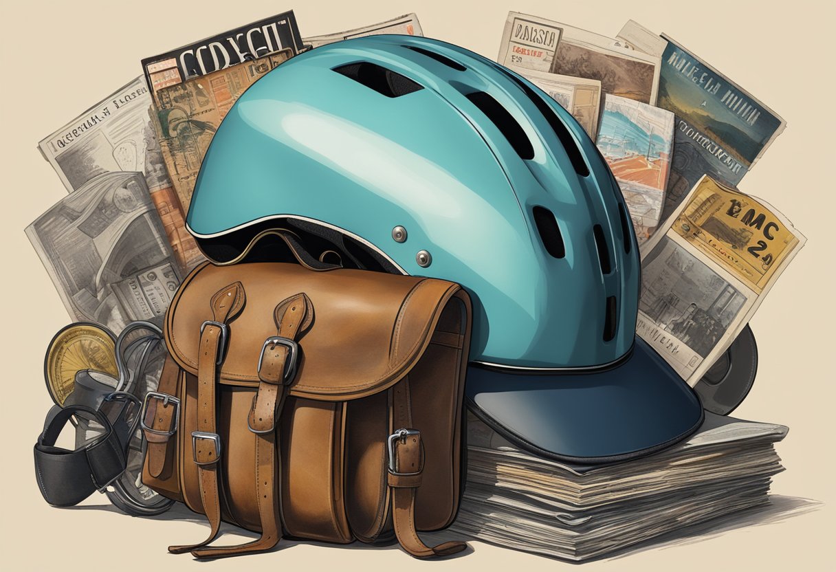 A classic road bike helmet sits on a vintage bicycle seat, surrounded by old cycling magazines and a worn leather saddlebag