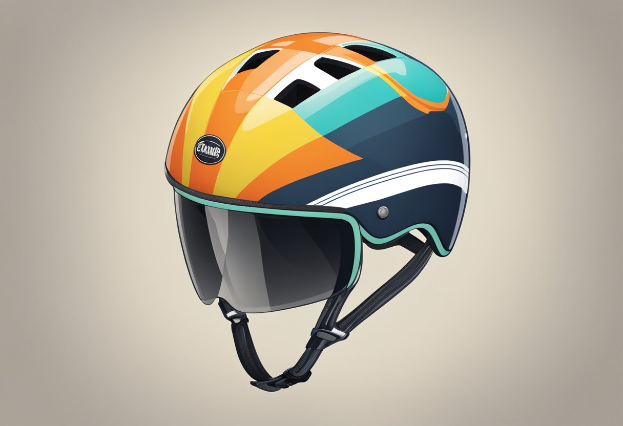 A classic road bike helmet sits atop a vintage bicycle handlebar, with sleek aerodynamic lines and a vibrant color scheme