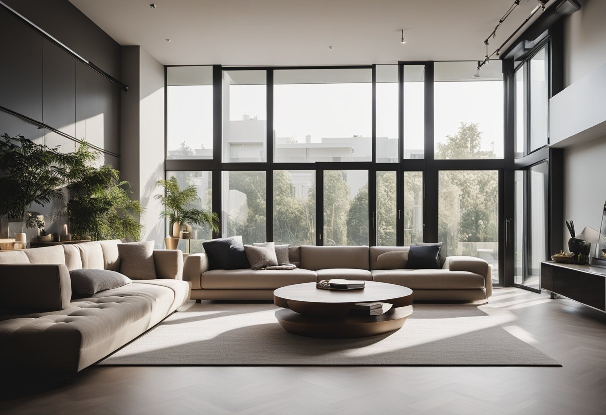 A modern, minimalist living room with clean lines, neutral colors, and natural light streaming in through large windows