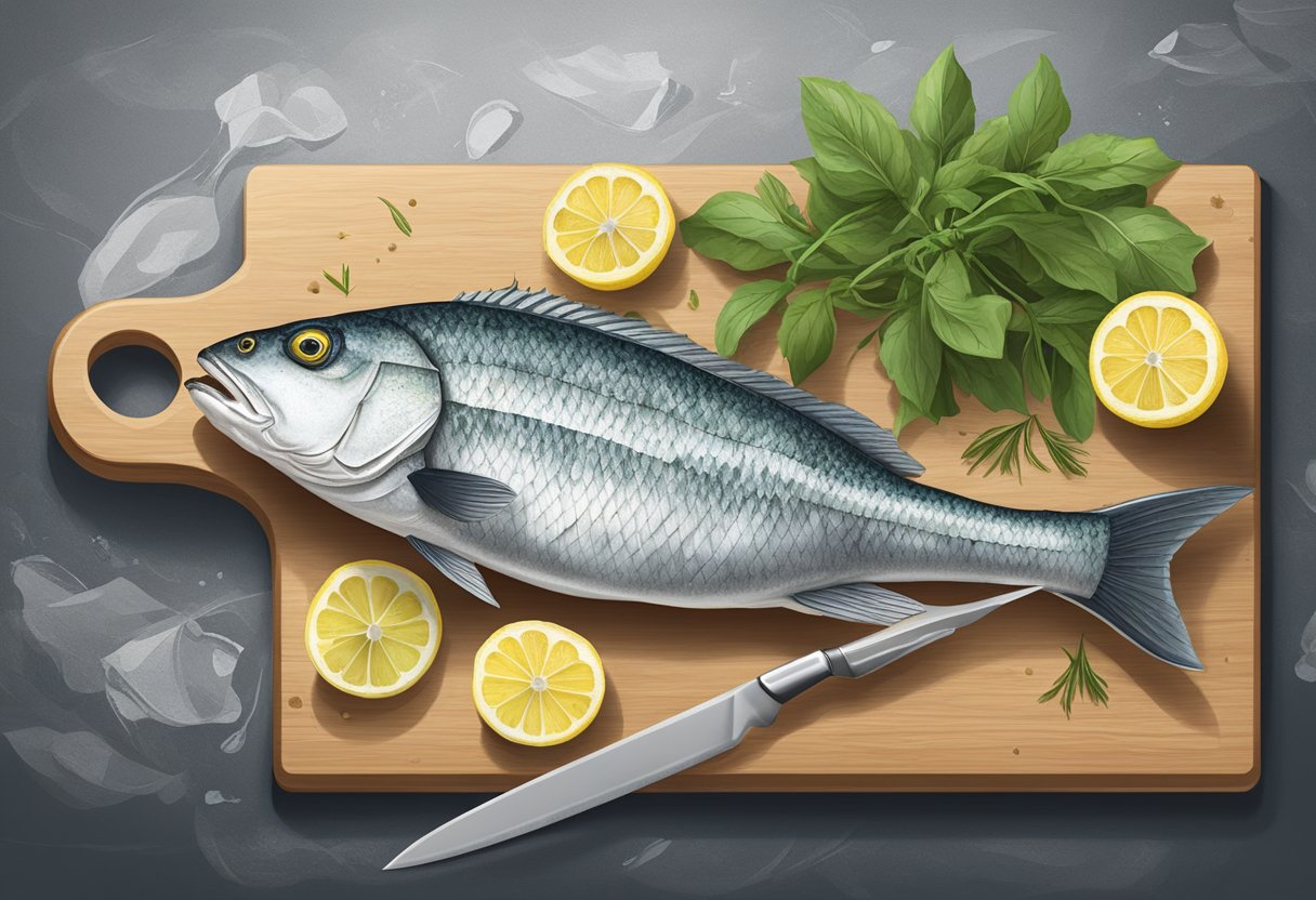 A snapper fish lies on a cutting board surrounded by fresh herbs and lemon slices. A chef's knife is poised to fillet the fish