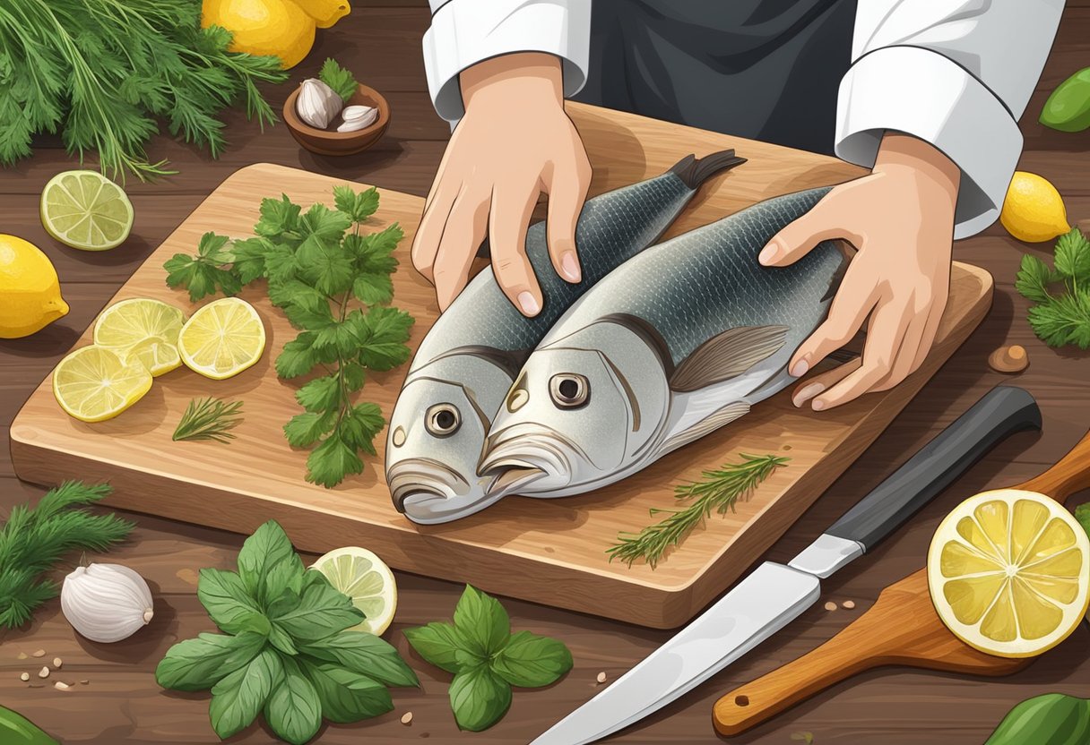 A chef slices fresh fish on a wooden cutting board. Ingredients like herbs and lemon are arranged nearby