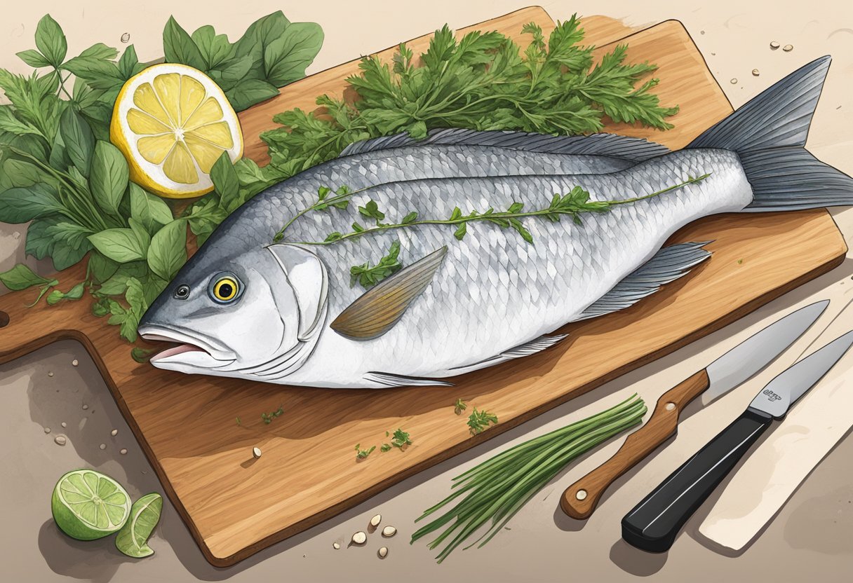 A snapper fish lies on a cutting board surrounded by fresh herbs, lemon slices, and seasonings. A chef's knife is poised to begin the preparation process