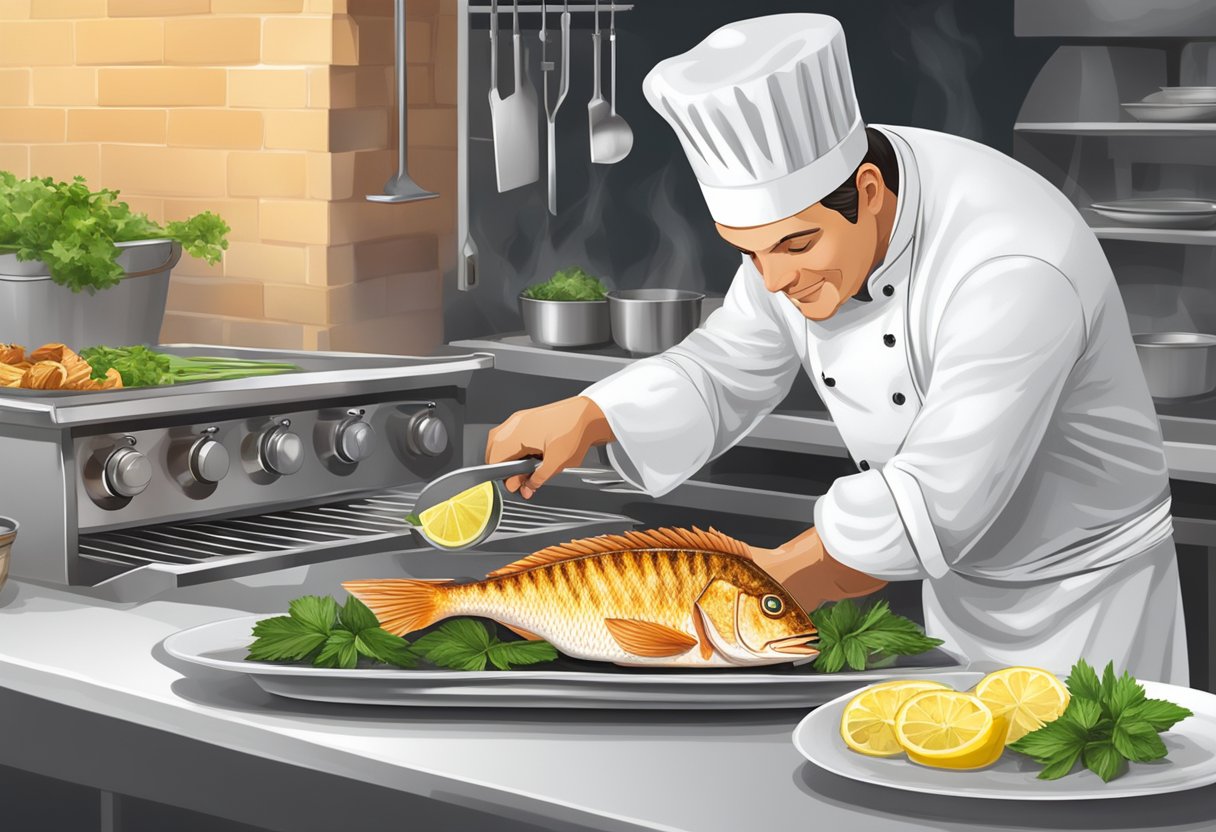 A chef grills snapper fish on a sizzling hot grill, then elegantly places it on a white serving platter with a garnish of fresh herbs and lemon slices