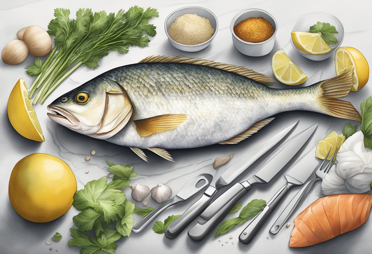 A snapper fish being prepared with ingredients and utensils laid out on a clean kitchen counter