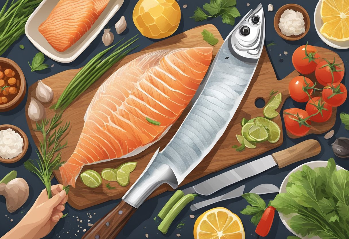 A hand holding a knife slices through a fresh fish on a cutting board, with various ingredients and cooking utensils nearby