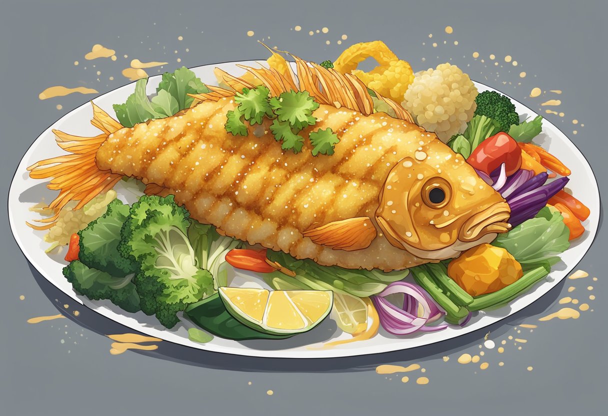 Golden-brown tempura fish sizzling in hot oil, surrounded by a variety of colorful vegetables and a drizzle of savory sauce