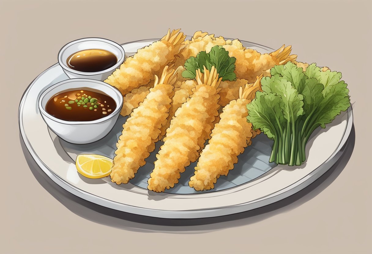 A plate of tempura fish with a side of steamed vegetables and a small dish of dipping sauce. The fish is golden and crispy, the vegetables are vibrant and the sauce is glistening