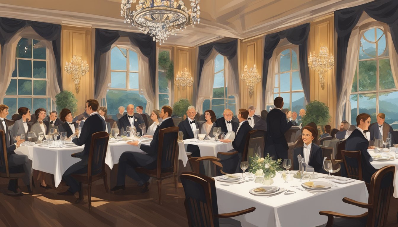 A bustling restaurant with elegant decor, dim lighting, and a grand chandelier. Tables are set with fine linens and gleaming silverware, while patrons enjoy their meals with delight