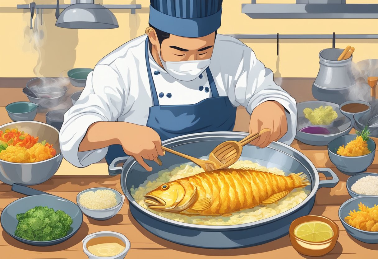 Golden tempura fish sizzling in hot oil, surrounded by colorful ingredients and utensils. A chef's hand dips the fish into the batter