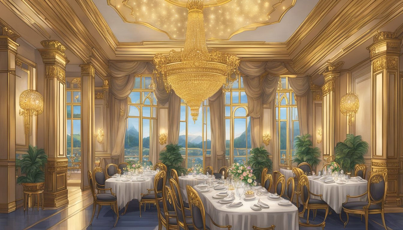 A grand chandelier illuminates the opulent dining room of Gold Leaf Restaurant, with ornate gold accents adorning the walls and furniture. Tables are set with fine china and crystal glassware, creating an atmosphere of luxury and elegance