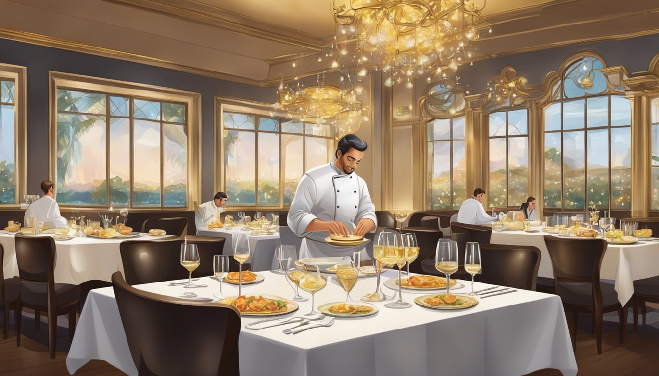 A table set with elegant dishes and sparkling glassware at Gold Leaf restaurant. A chef prepares a gourmet meal in the open kitchen, surrounded by a bustling dining room