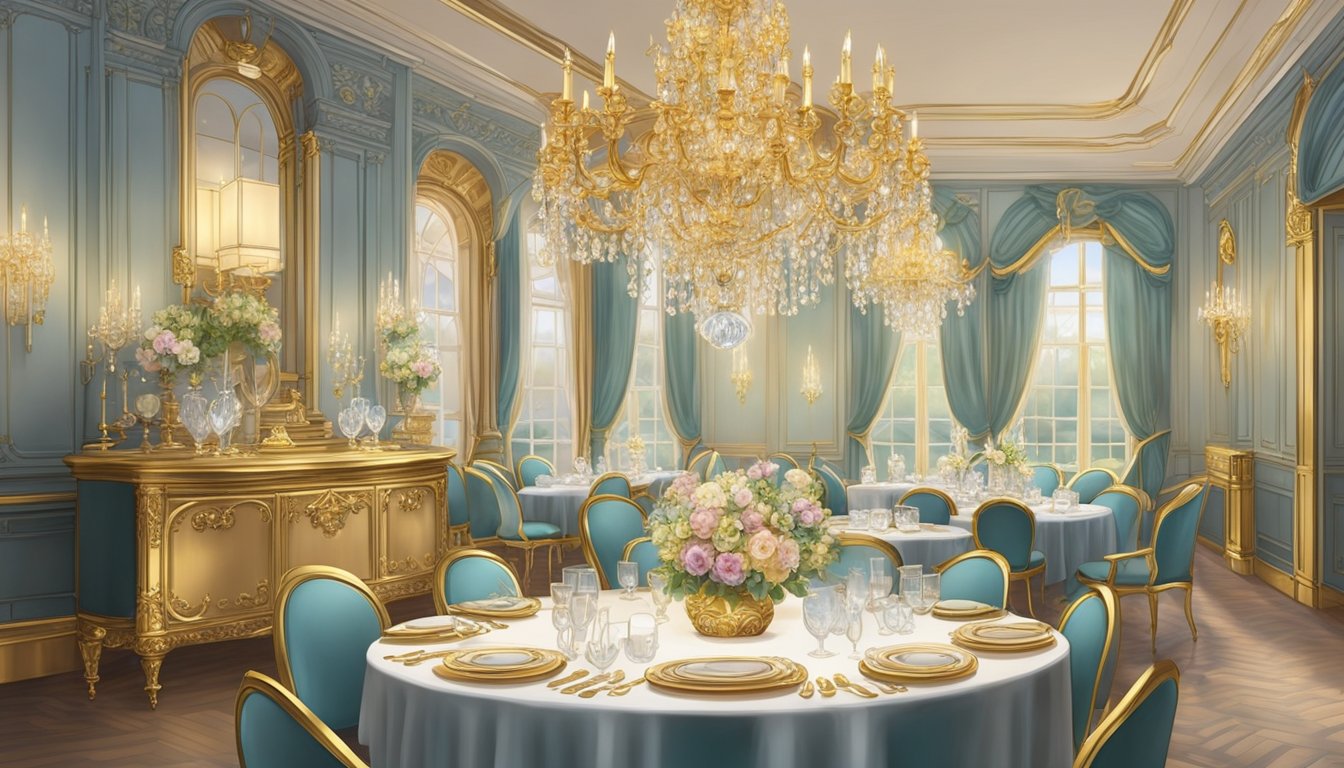 A lavish dining room adorned with ornate chandeliers and gilded accents. Tables set with fine china and crystal glassware. A grand, gold-leafed bar gleaming in the soft light