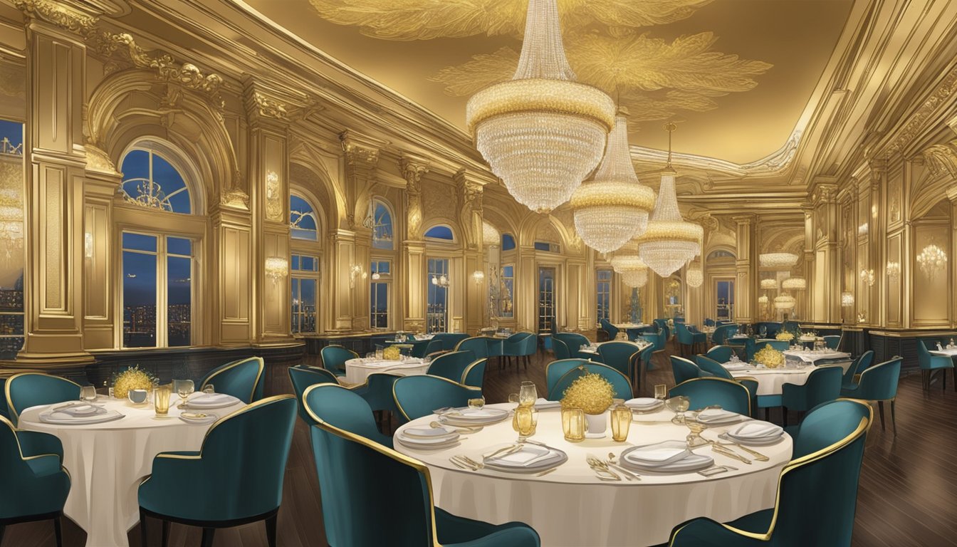 The elegant gold leaf restaurant buzzes with diners. A grand chandelier illuminates the opulent decor, while servers attend to guests at tables adorned with shimmering golden accents