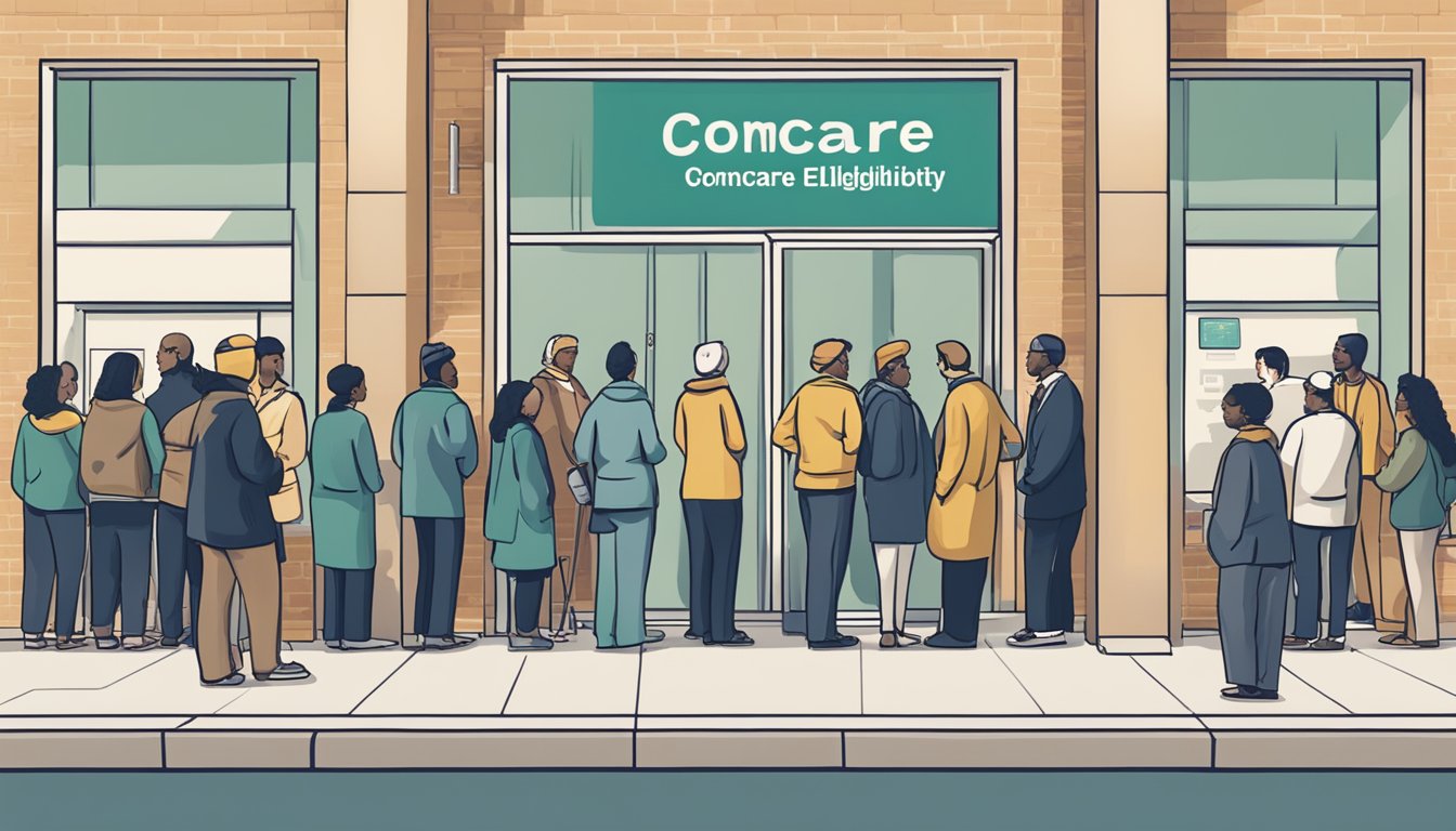 A diverse group of people queuing outside a government office, with a sign that reads "ComCare Eligibility" above the entrance