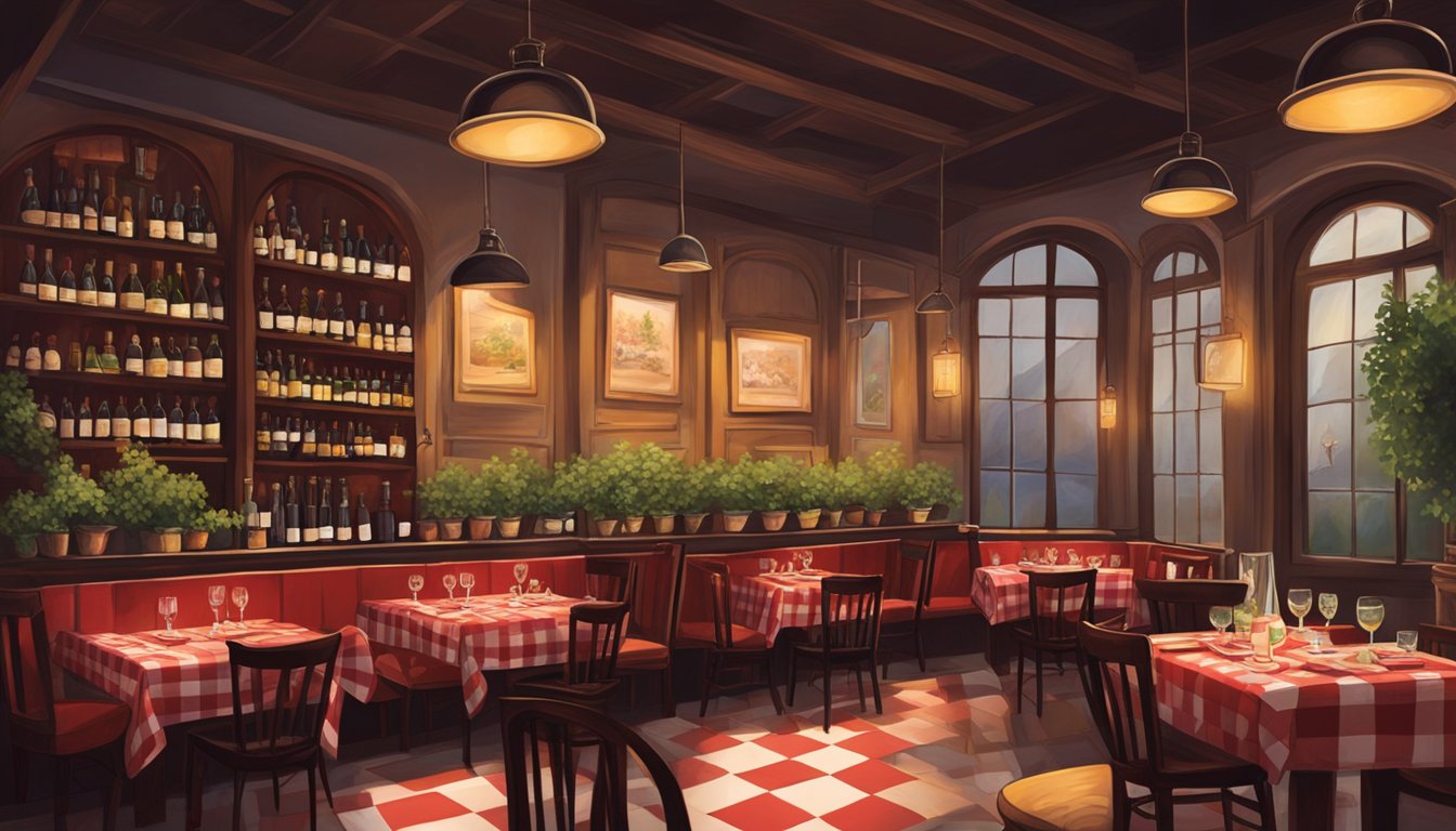 A cozy French restaurant with dim lighting, red checkered tablecloths, and a chalkboard menu on the wall. Wine bottles line the shelves, and the aroma of garlic and herbs fills the air