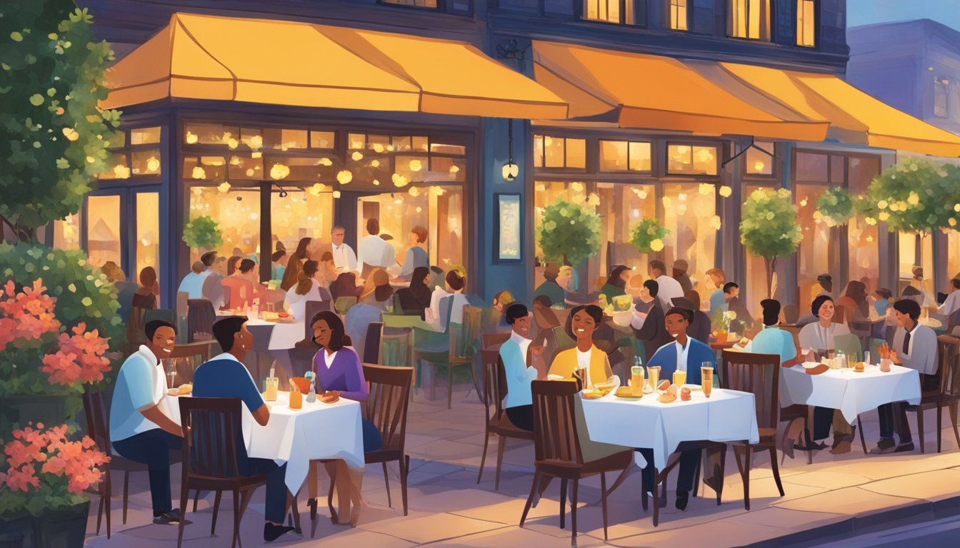 A bustling restaurant with outdoor seating, surrounded by colorful flowers and twinkling lights. A waiter serves a table of smiling patrons, while others enjoy their meals and drinks