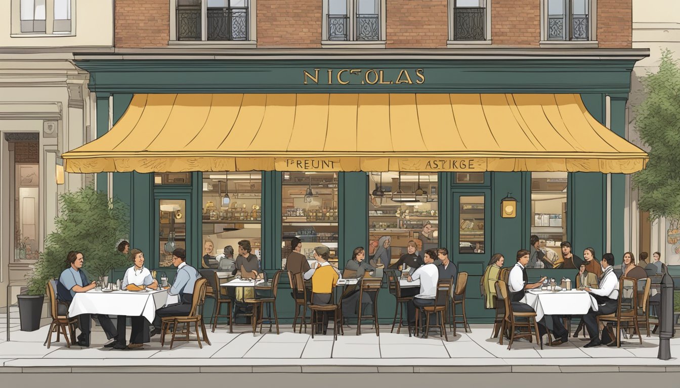 The bustling restaurant "Nicolas" with patrons dining, waitstaff serving, and a sign displaying "Frequently Asked Questions" prominently near the entrance
