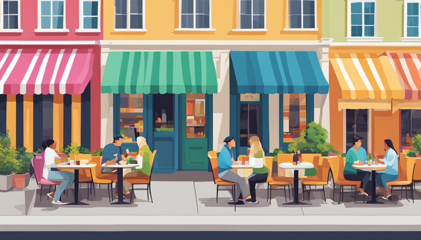 A row of colorful restaurants with outdoor seating and bustling customers