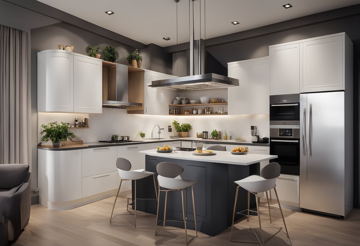 An L-shaped kitchen with a sleek breakfast bar, modern appliances, and ample storage