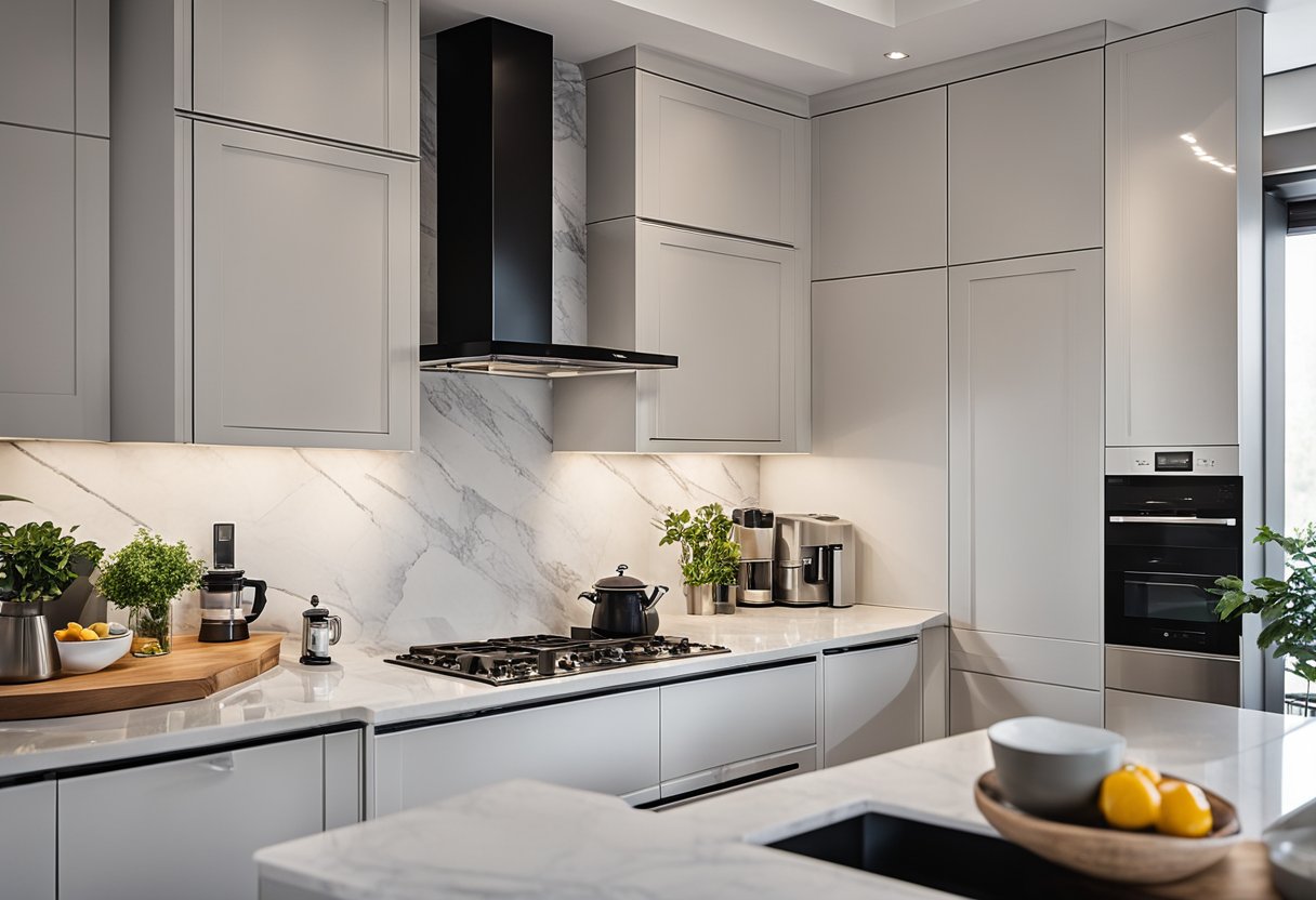 A modern l-shaped kitchen with sleek finishes and a breakfast bar. Stainless steel appliances and marble countertops add a luxurious touch